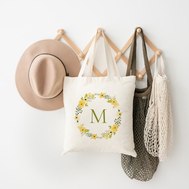Bolsa Tote Whimsical Floral Wreath Monograma (Criador carregado)