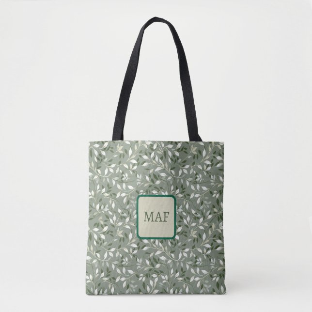 Bolsa Tote Whimsical Green Botanical Vines Monogram (Frente)