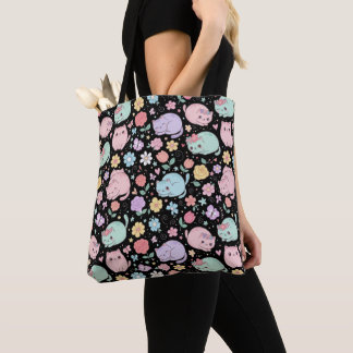 Bolsa Tote Whimsical Kawaii Pastel Cat and Floral Seamless