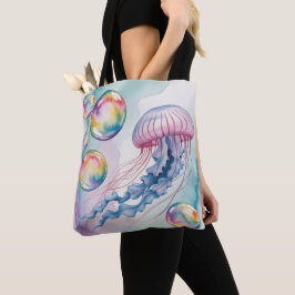 Bolsa Tote Whimsical Rainbow Jellyfish Watercolor Design