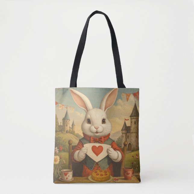 Bolsa Tote Whimsical White Rabbit Hearts Enchanted Wonderland (Frente)