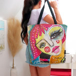 Bolsa Tote Whimssic Girl Hot Pink Hair Quirky Colorky Diverti<br><div class="desc">Esta peça de arte original multimídia colorida apresenta uma garota esquisita e caprichosa, com cabelo rosa brilhante sobre um fundo colorido abstrato de cor azul empoeirada e laranja tangerina, com formas semicíricas cor-de-rosa, amarela e verde e listras pretas e brancas e uma variedade de rabiscos. Essa bolsa de tote de...</div>