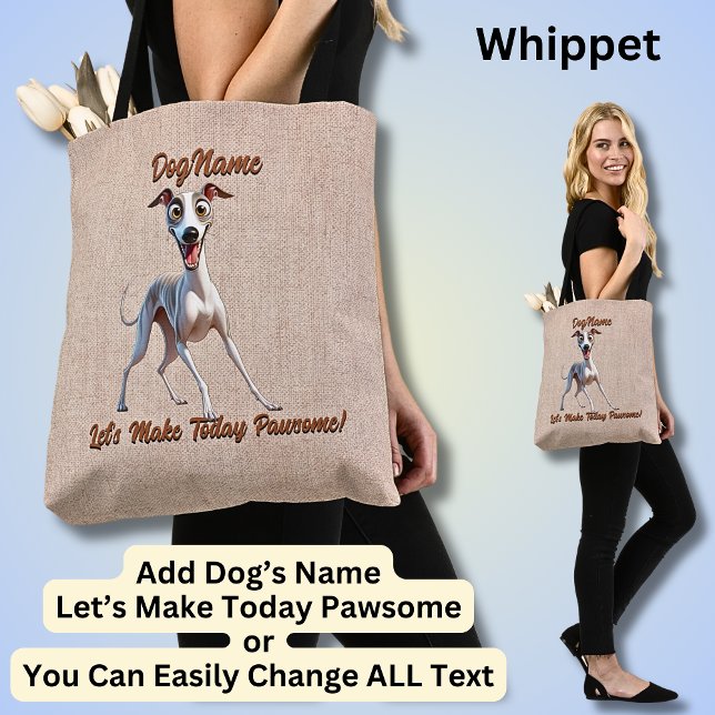 Bolsa Tote Whippet - Adicionar Nome do Cachorro, Alterar Text (Criador carregado)