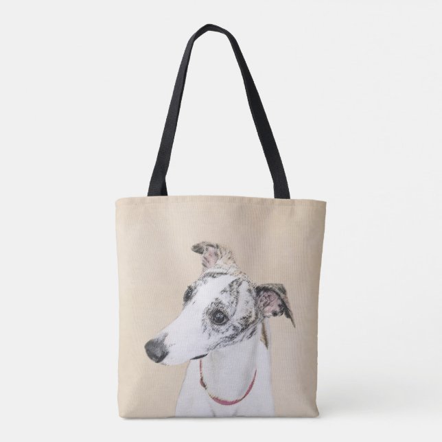 Bolsa Tote Whippet, inglês Whippet, pressão, branco, rajado, (Verso)