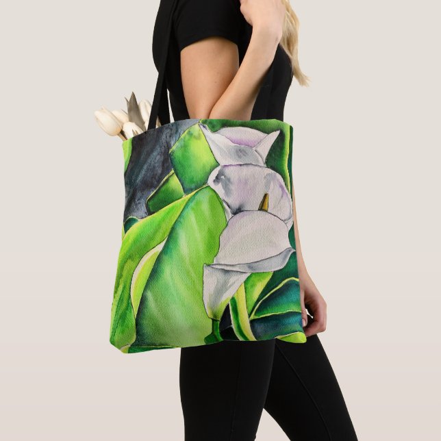 Bolsa Tote White Arum Lily Watercolor, floral tropical (Close Up)
