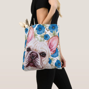 Bolsa Tote White Bulldog Bonito de Francês no Padrão Azul da 