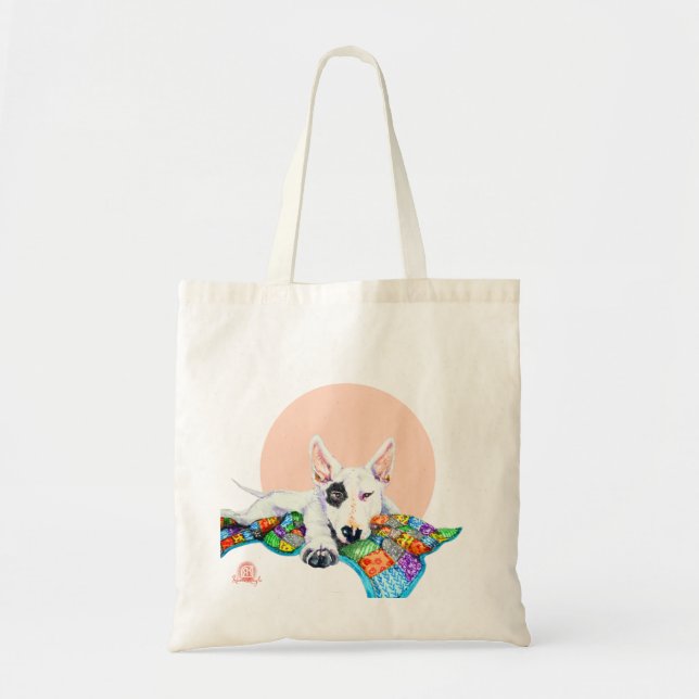 Bolsa Tote White Bullterrier sobre Patchwork - Arte (Frente)