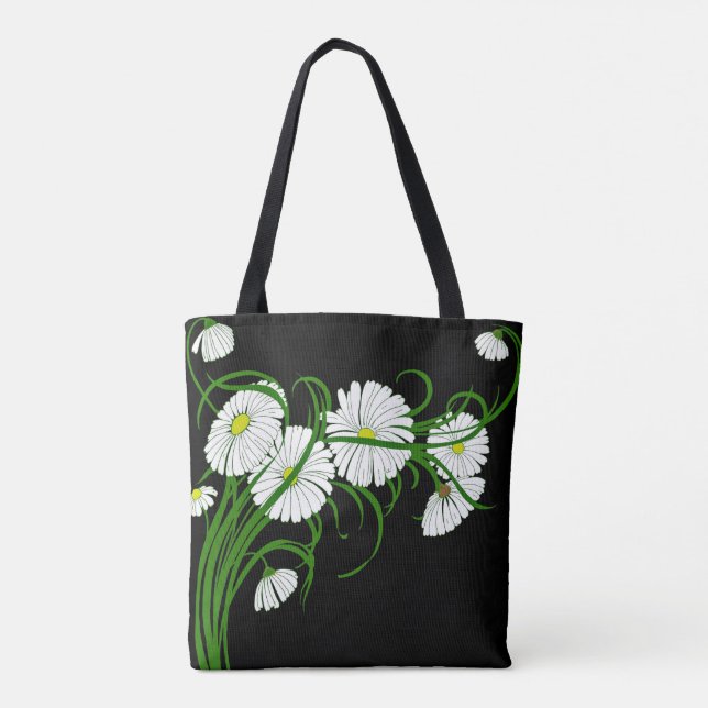 Bolsa Tote White Daisies sobre fundo preto em contraste (Verso)