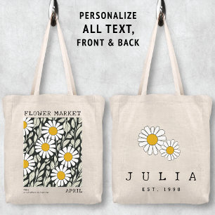 Bolsa Tote White Daisy Floral April Birth Flower Market Name