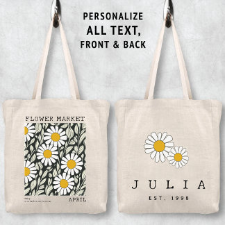 Bolsa Tote White Daisy Floral April Birth Flower Market Name