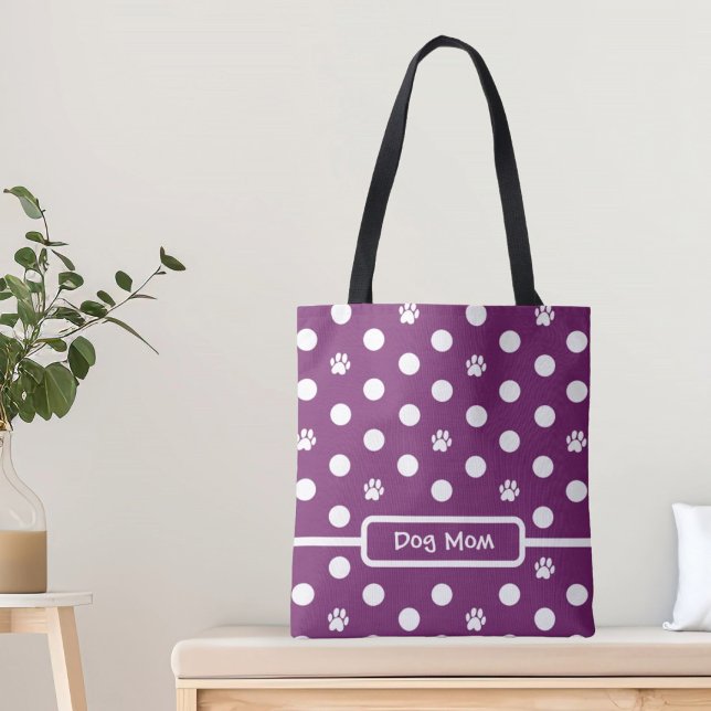 Bolsa Tote White Polka-Dot Paw Prints Purple Personalize (Criador carregado)