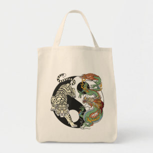 Bolsa Tote White tiger versus green dragon in the yin yang to