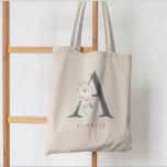 Bolsa Tote Wild Blush Botânico - Letra Floral A Monograma<br><div class="desc">As elegantes aquarelas embaçam flores cor-de-rosa e um delicado jardim verde enfeitado na letra "A" em cinzas de ardósia,  saco de tarte de monograma. A etiqueta apresenta uma linha de texto de modelo de solteiro para personalizar com o nome.</div>