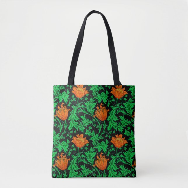 Bolsa Tote William Morris Anemone, Laranja, Verde e Preto (Frente)