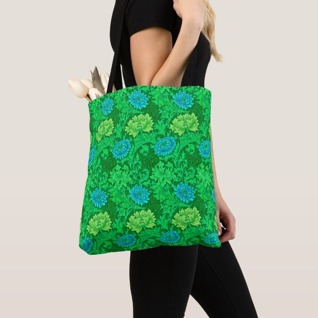 Bolsa Tote William Morris Chrysanthemums, Verde limão & Aqua (Close Up)