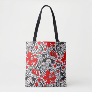 Bolsa Tote William Morris Iris e Lily, Preto, Branco e Vermel
