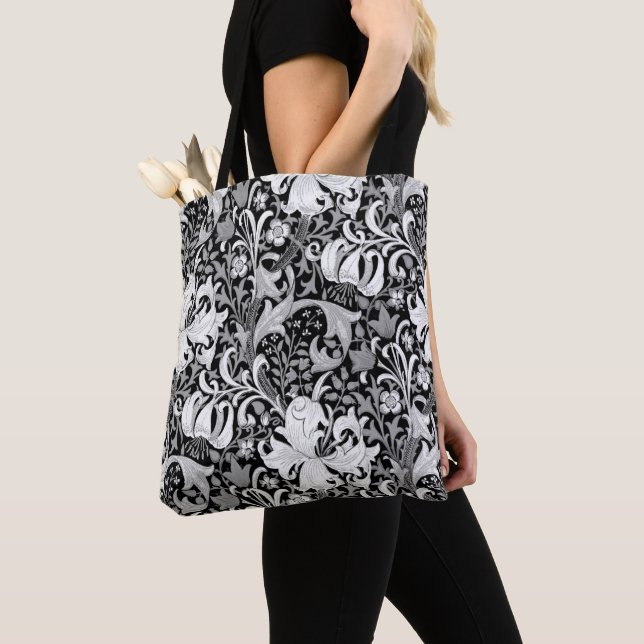 Bolsa Tote William Morris Iris e Lily, Preto e Branco (Close Up)