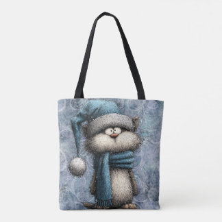 Bolsa Tote Winter Blue Christmas Cat With Hat And Scarf