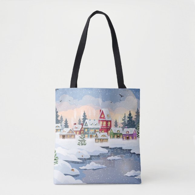 Bolsa Tote Winter Christmas landscape with snow-covered house (Frente)