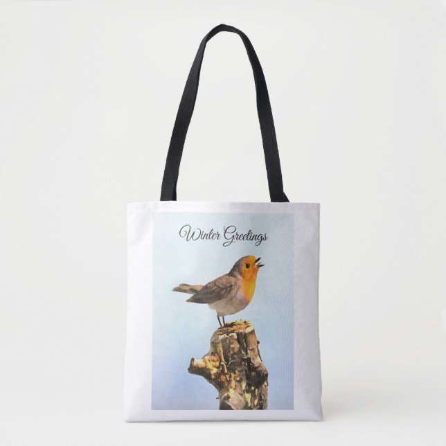 Bolsa Tote Winter Greetings. Robin singing  (Frente)
