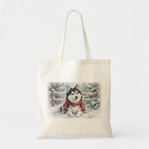 Winter Husky Gift Watercolor Snowy Red Scarf Art
