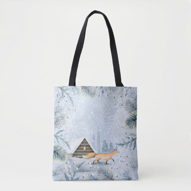 Bolsa Tote Winter Wonderland Fox Cabine Snow Natal Xmas (Frente)