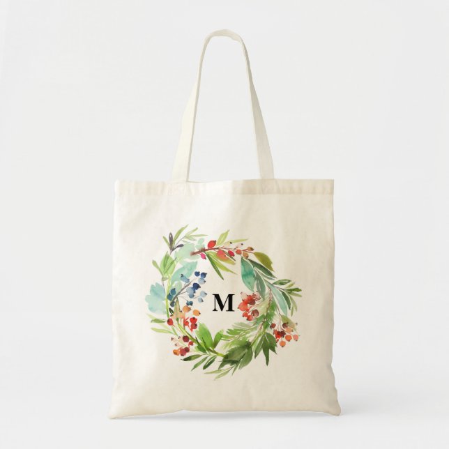 Bolsa Tote Winterberry Holly e Juniper Monograma de Natal (Frente)