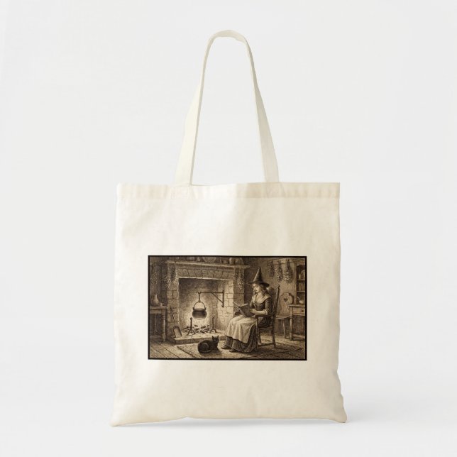 Bolsa Tote Witch Reading A Book with Black Cat Book Lover (Frente)
