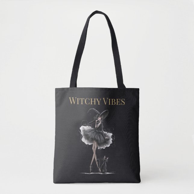 Bolsa Tote Witchy Vibes Dark Edition – Gothic Witch & Cat (Frente)