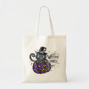 Bolsa Tote Witchy Vibes   Gato preto no punho e lanterna