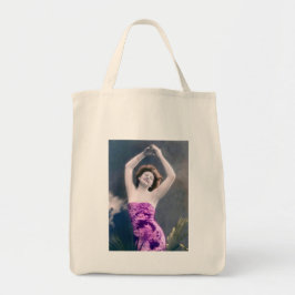 Bolsa Tote woman in purple sarong , arms raised as if dancing