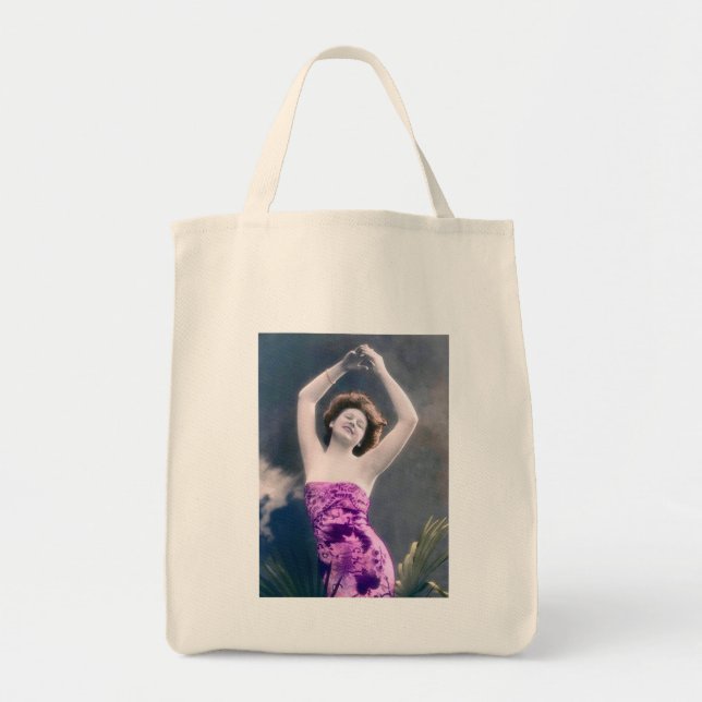 Bolsa Tote woman in purple sarong , arms raised as if dancing (Frente)