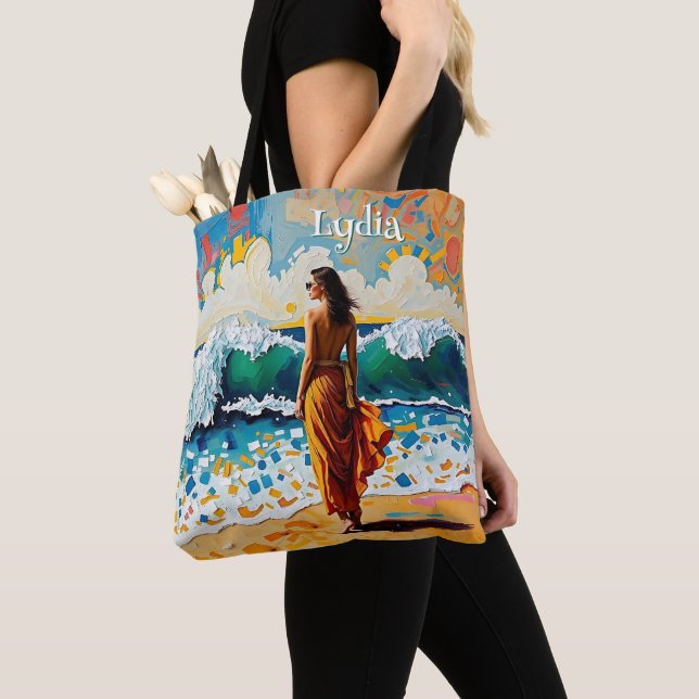 Bolsa Tote Woman on Beach Abstract Seaside Art Personalized (Close Up)