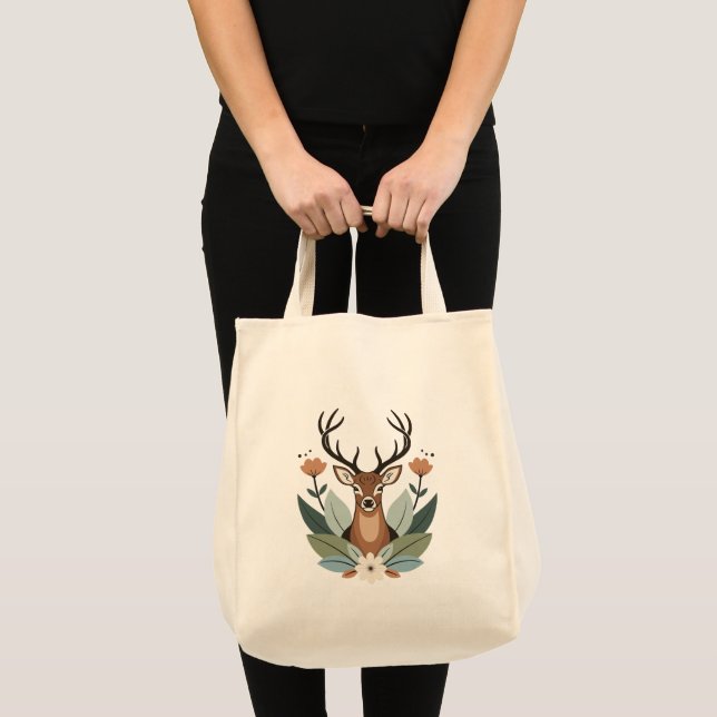 Bolsa Tote Woodland Harmony – Boho Deer Botanical Illustratio (Frente (produto))