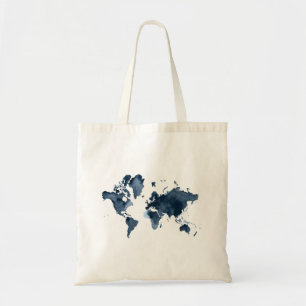 Bolsa Tote World Map Watercolor Marinho de dois lados.