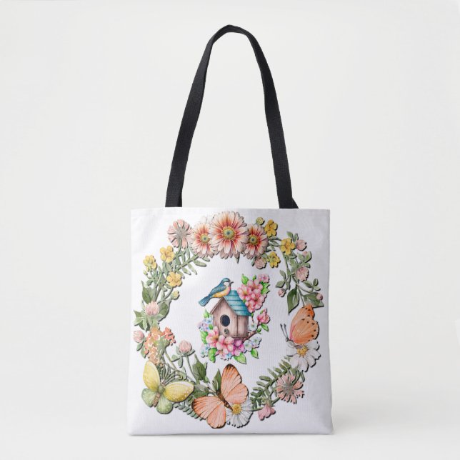 Bolsa Tote Wreath com flores silvestres e borboletas (Frente)