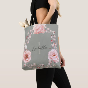 Bolsa Tote Wreath Rosa de Aquarela Personalizada Sage Green