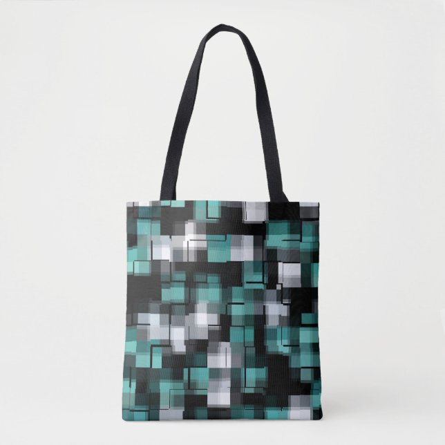 Bolsa Tote Xadrez Abstrato azul-verde-azul-tênue (Frente)