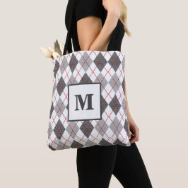 Bolsa Tote Xadrez Argyle Moderno Vermelho Cinza Prata Monogra