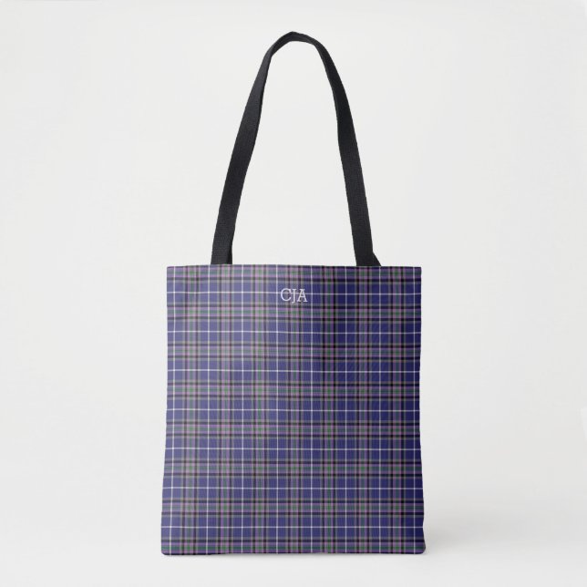 Bolsa Tote Xadrez azul Clan Alexander Tartan Monograma (Frente)