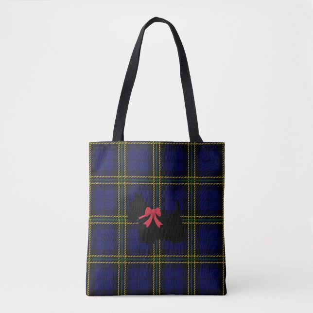 Bolsa Tote xadrez azul com Terrier escocês com arco vermelho (Frente)