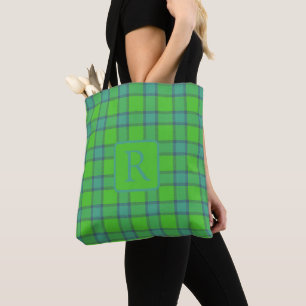 Bolsa Tote Xadrez azul e azul Tartan Monograma Escocesa