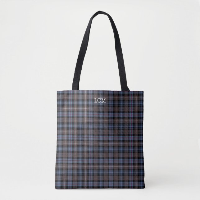 Bolsa Tote Xadrez azul e castanha Mackenzie Tartan Monograma (Frente)