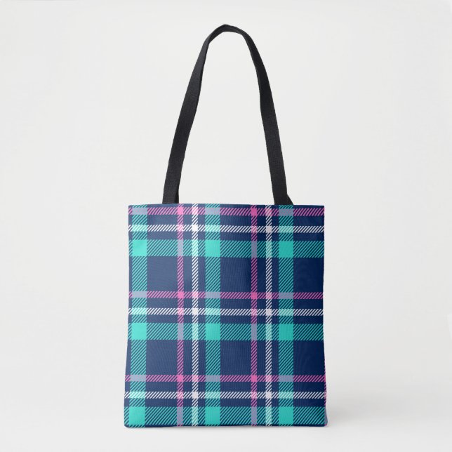 Bolsa Tote Xadrez azul e cor-de-rosa (Frente)