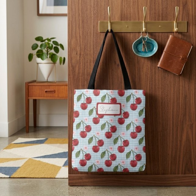 Bolsa Tote Xadrez Azul Rústico e Monograma de Cerejas (Criador carregado)