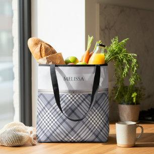 Bolsa Tote Xadrez Azul Sofisticado Luxo Estilo Boutique