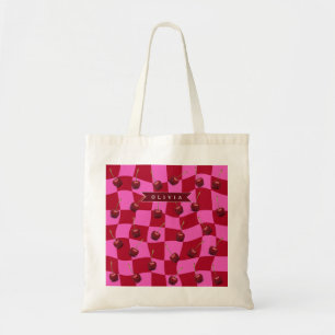 Bolsa Tote Xadrez Cereja Personalizado Retro Nome Customizado