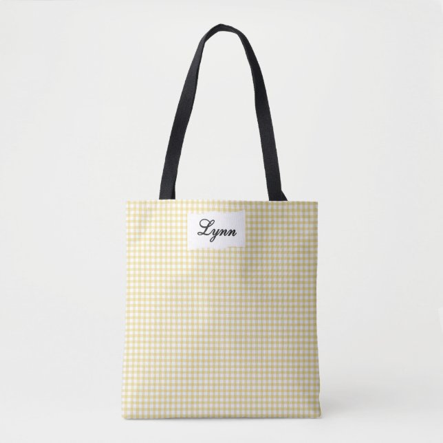 Bolsa Tote Xadrez Clássico Amarelo e Branco | Nome Personaliz (Frente)
