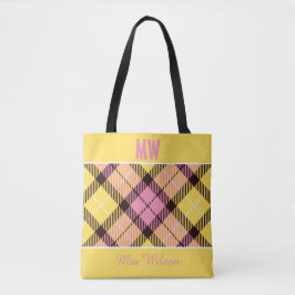 Bolsa Tote Xadrez Cor-de-rosa amarela Tartan Nome Personaliza