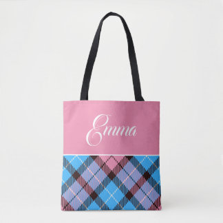 Bolsa Tote Xadrez Cor-de-rosa-bebê azul-branca Tartan Nome Pe